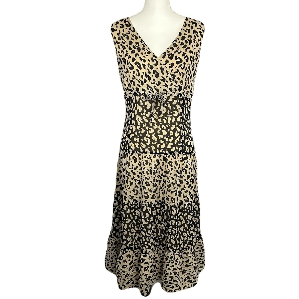 Talbots Womens Babydoll Midi Dress Size 16 Pure Silk Animal Print Tiered Ruffle - Picture 1 of 12